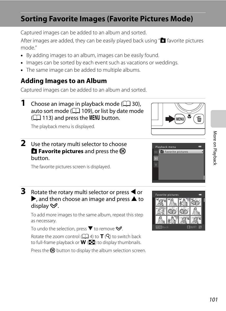 Sorting favorite images (favorite pictures mode), Adding images to an album, A 101) | A 101), the, A 101 | Nikon S9050 User Manual | Page 113 / 232