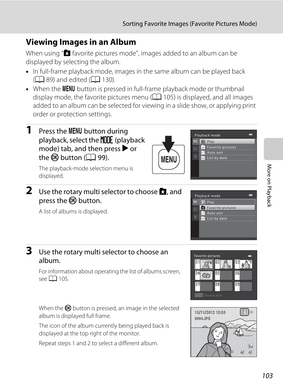 Viewing images in an album, Use the rotary multi selector to choose an album | Nikon S9050 User Manual | Page 115 / 232