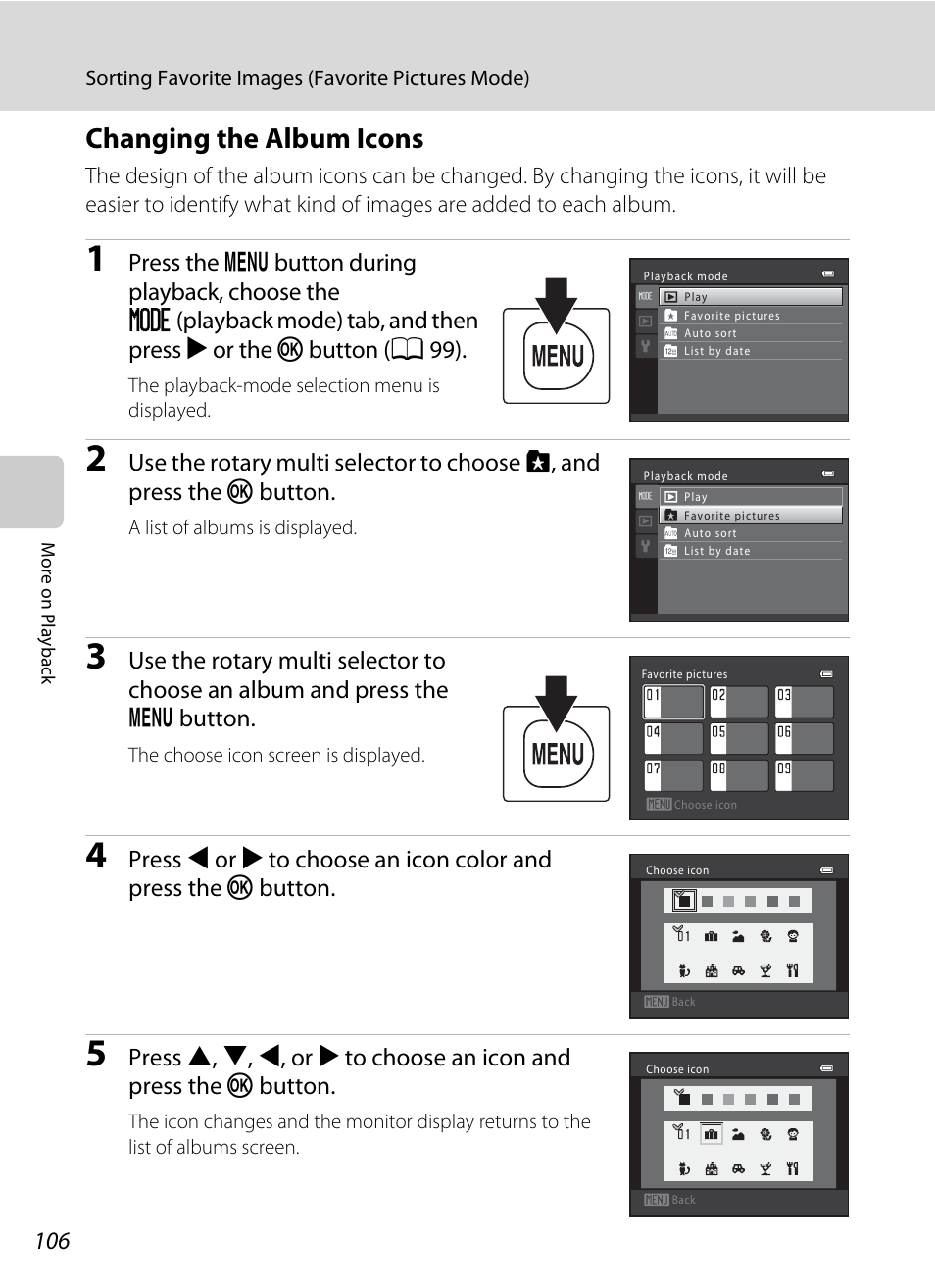 Changing the album icons | Nikon S9050 User Manual | Page 118 / 232