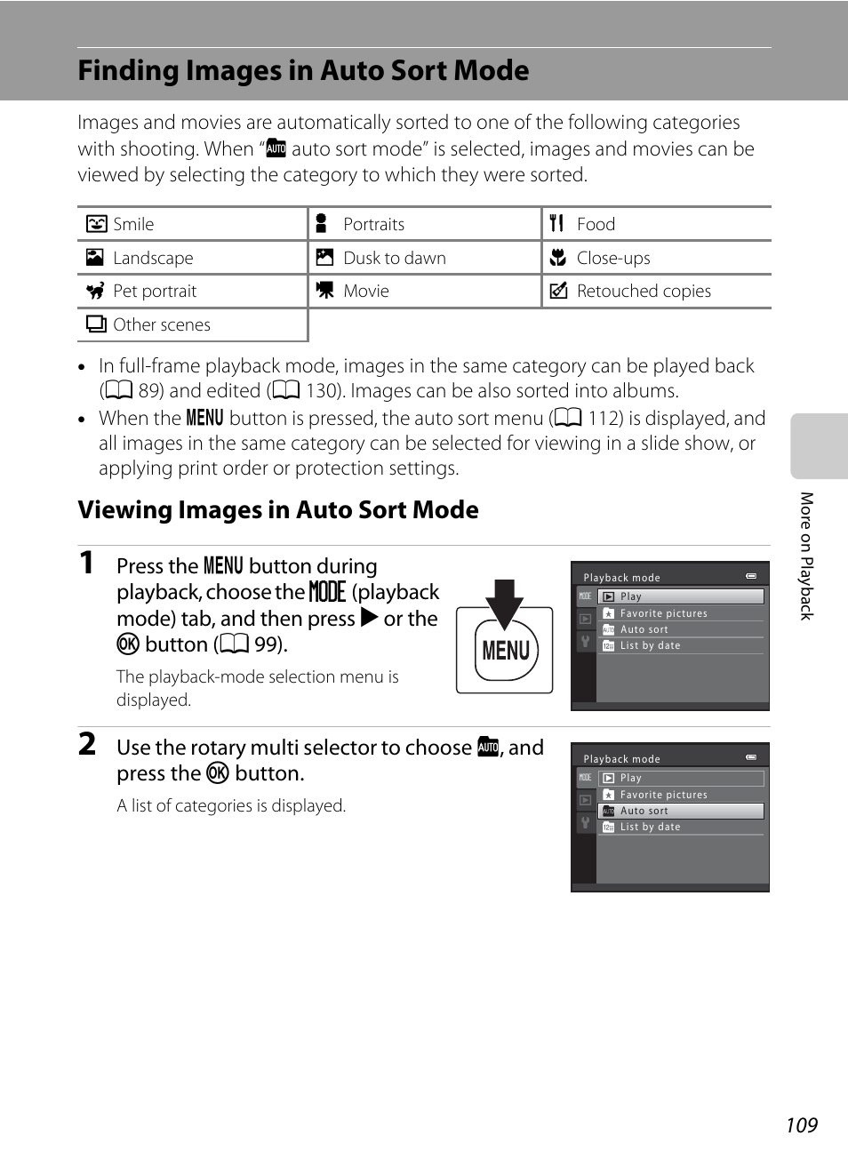 Finding images in auto sort mode, Viewing images in auto sort mode, A 109) | A 109), or, A 109, A 109), or list by date mode | Nikon S9050 User Manual | Page 121 / 232