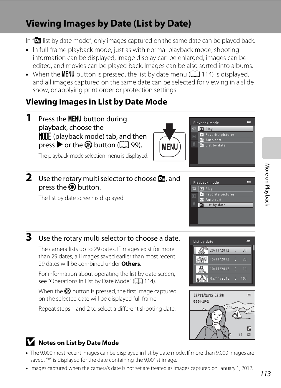 Viewing images by date (list by date), Viewing images in list by date mode, A 113), ima | A 113). the, A 113), images in, A 113, A 113) and press, A 113), Use the rotary multi selector to choose a date | Nikon S9050 User Manual | Page 125 / 232