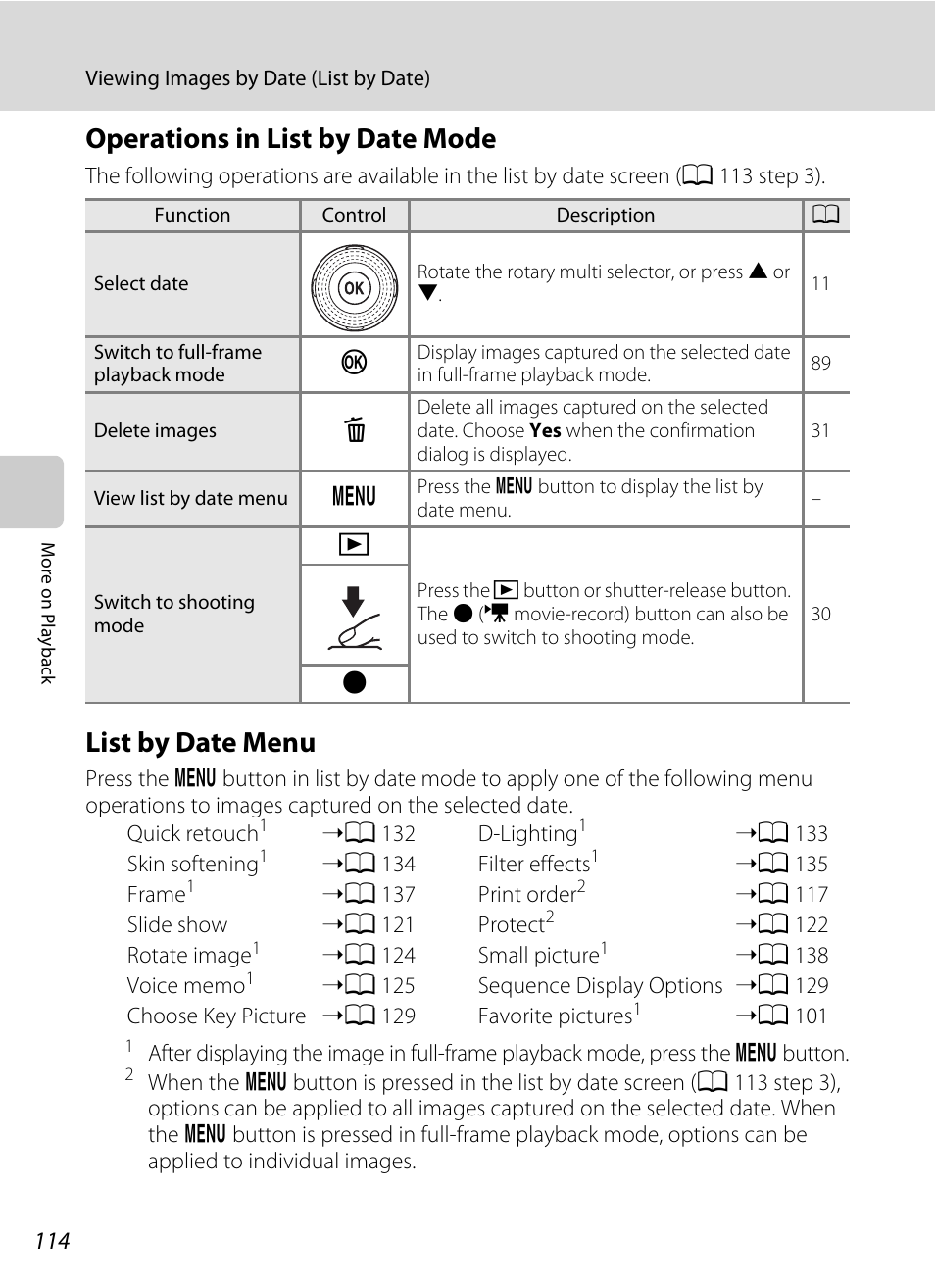 Operations in list by date mode, List by date menu, Operations in list by date mode list by date menu | A 114) are, Te menu (a 114) is, E “operations in list by date mode, A 114) | Nikon S9050 User Manual | Page 126 / 232