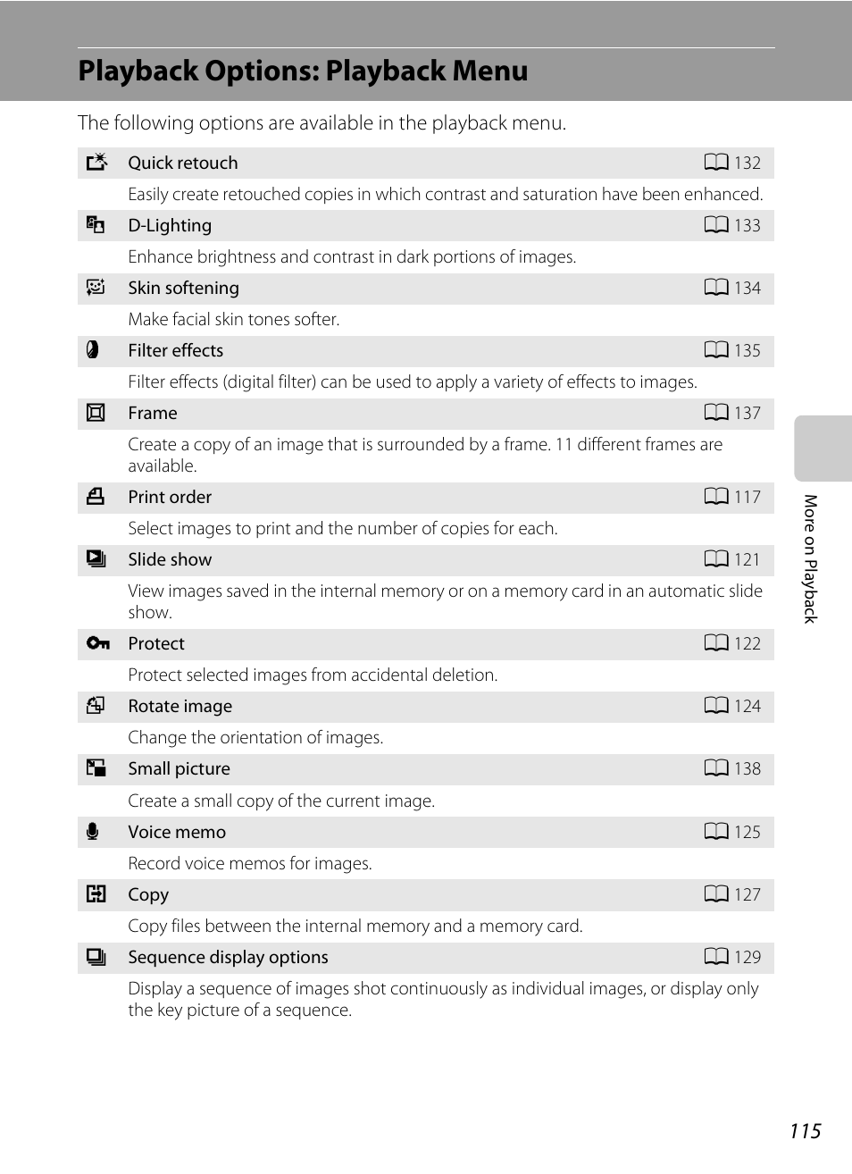 Playback options: playback menu, A 115) | Nikon S9050 User Manual | Page 127 / 232