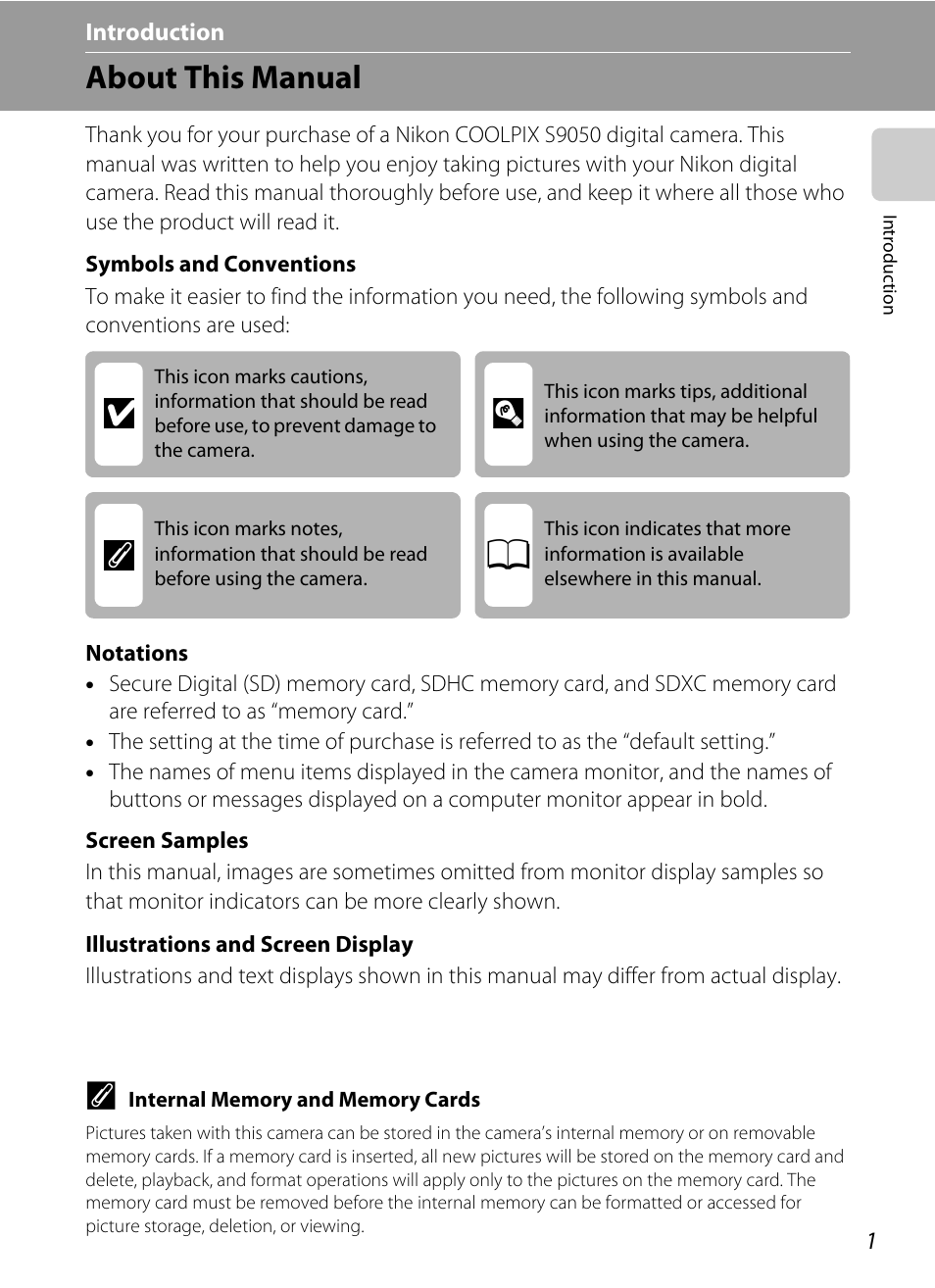 Introduction, About this manual, Ab d c | Nikon S9050 User Manual | Page 13 / 232