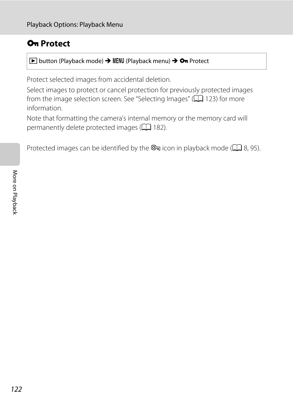Protect, D protect, A 122) | A 122 | Nikon S9050 User Manual | Page 134 / 232