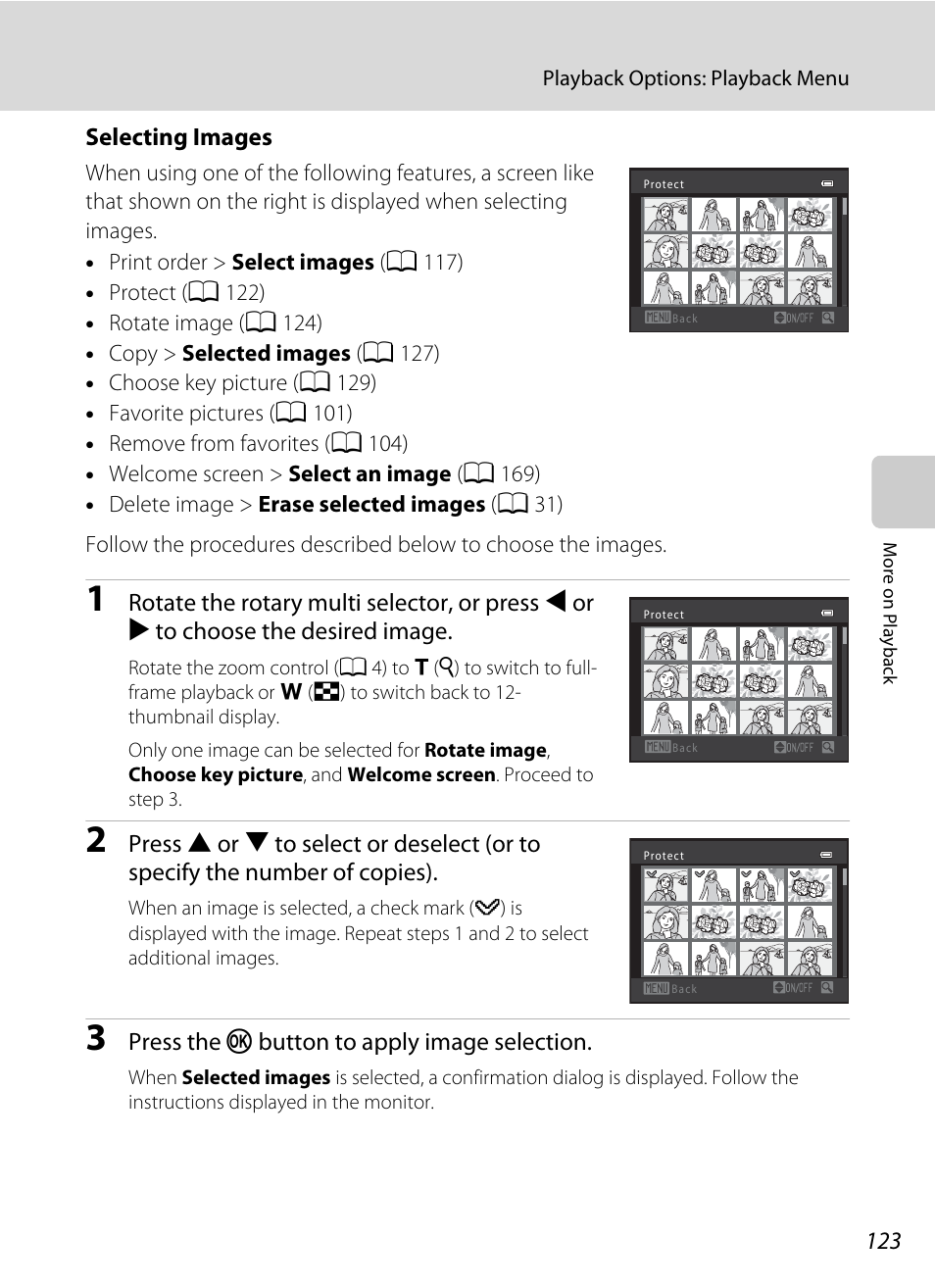 E “selecting images, A 123) for more | Nikon S9050 User Manual | Page 135 / 232