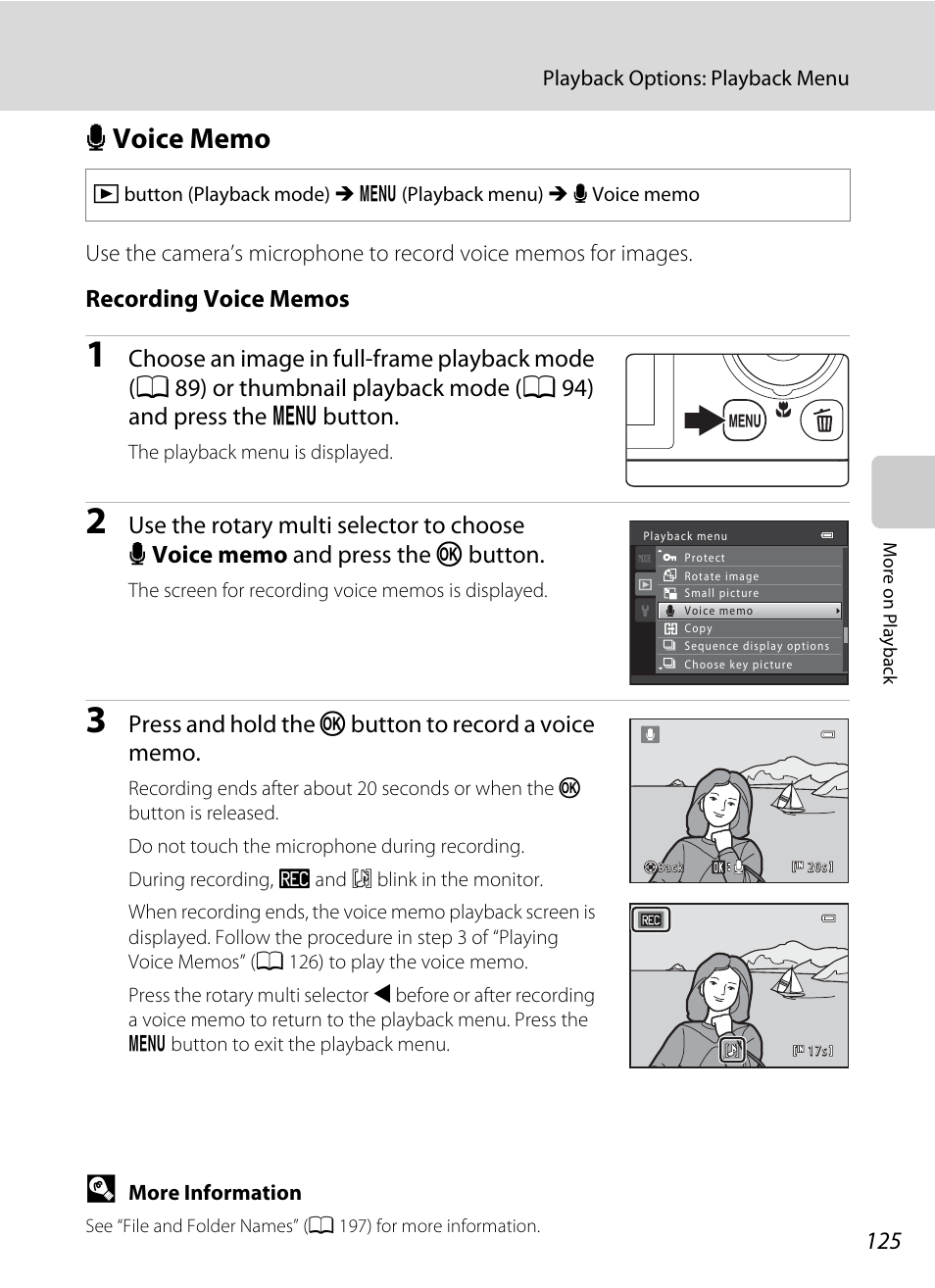 Voice memo, E voice memo, A 125) | A 125 | Nikon S9050 User Manual | Page 137 / 232