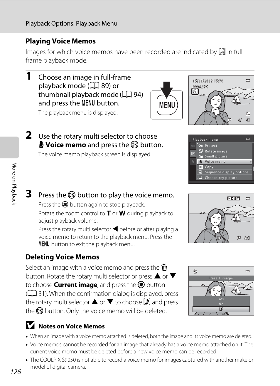 A 126) is deleted. if, Of “playing voice memos, A 126) to | Nikon S9050 User Manual | Page 138 / 232