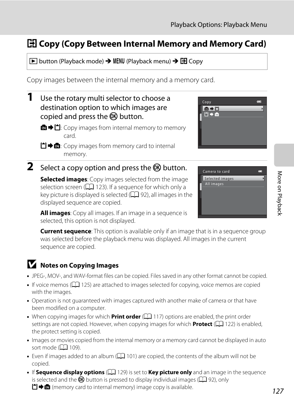 A 127), A 127, Select a copy option and press the k button | Nikon S9050 User Manual | Page 139 / 232