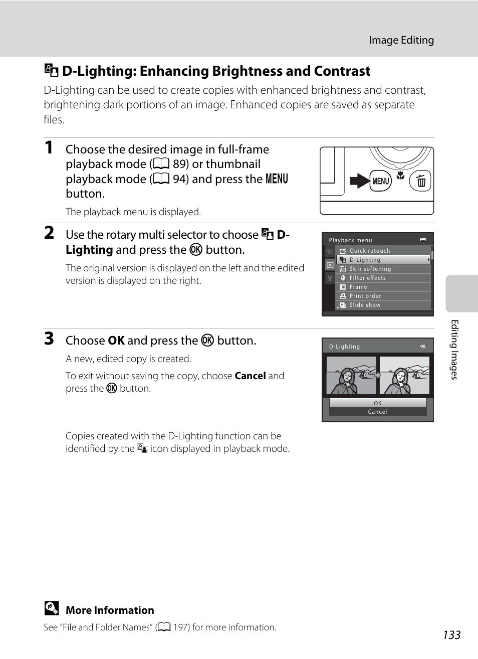 D-lighting: enhancing brightness and contrast, I d-lighting: enhancing brightness and contrast, A 133) | A 133, Lighting (a 133), Choose ok and press the k button | Nikon S9050 User Manual | Page 145 / 232