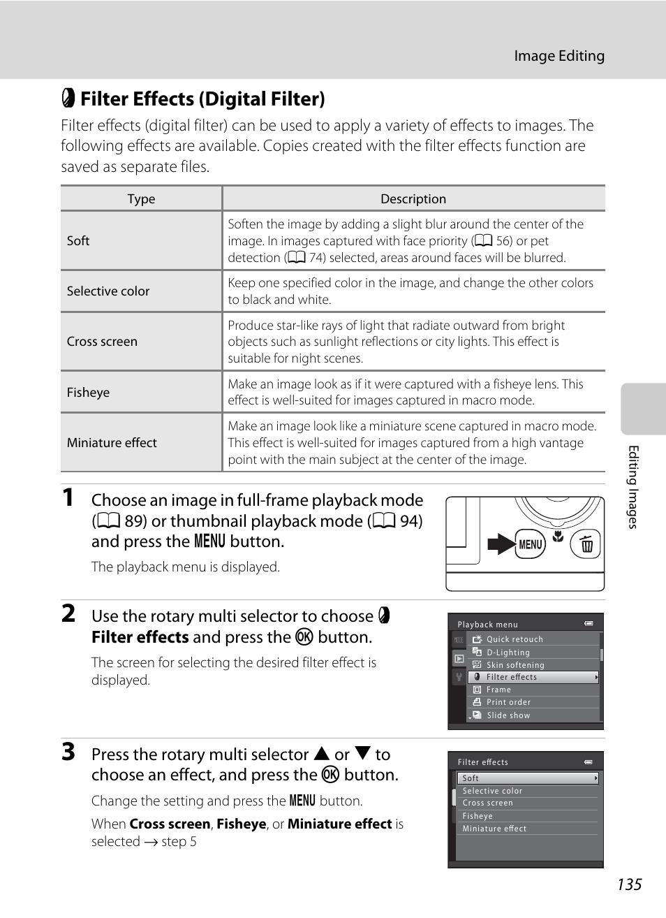 Filter effects (digital filter), P filter effects (digital filter), A 135) | A 135, S (a 135) | Nikon S9050 User Manual | Page 147 / 232