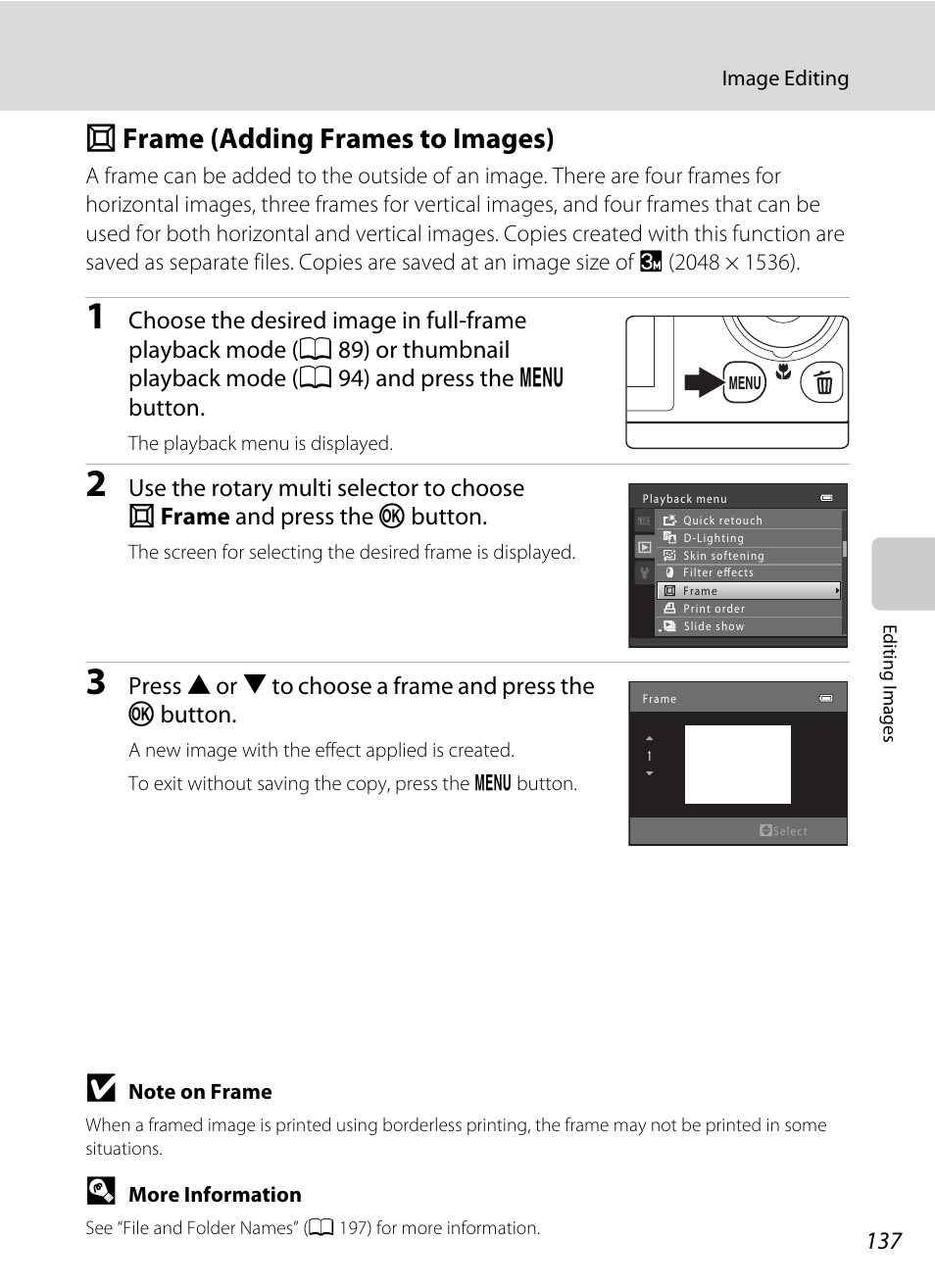 Frame (adding frames to images), S frame (adding frames to images), A 137) | A 137 | Nikon S9050 User Manual | Page 149 / 232