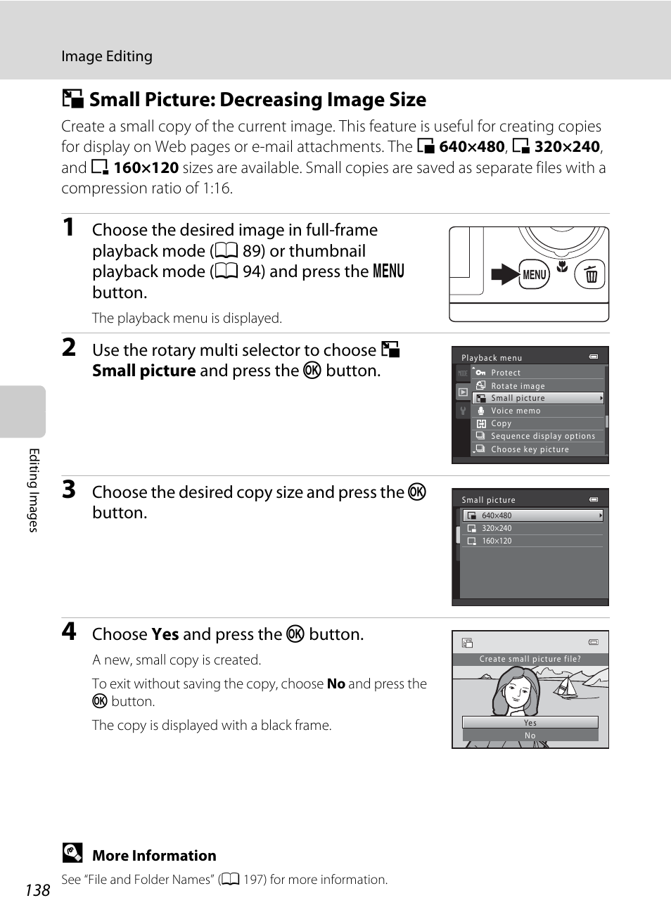 Small picture: decreasing image size, G small picture: decreasing image size, A 138 | A 138), Choose yes and press the k button | Nikon S9050 User Manual | Page 150 / 232