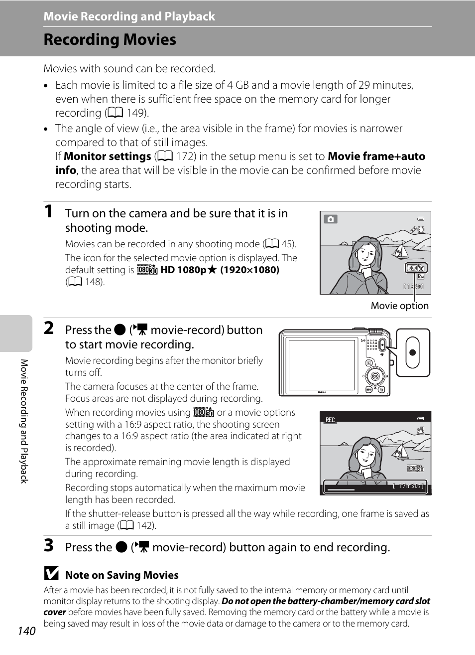 Movie recording and playback, Recording movies, A 140 | A 140) | Nikon S9050 User Manual | Page 152 / 232