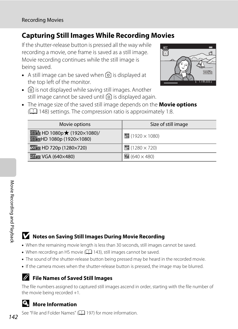 Capturing still images while recording movies, A 142) | Nikon S9050 User Manual | Page 154 / 232