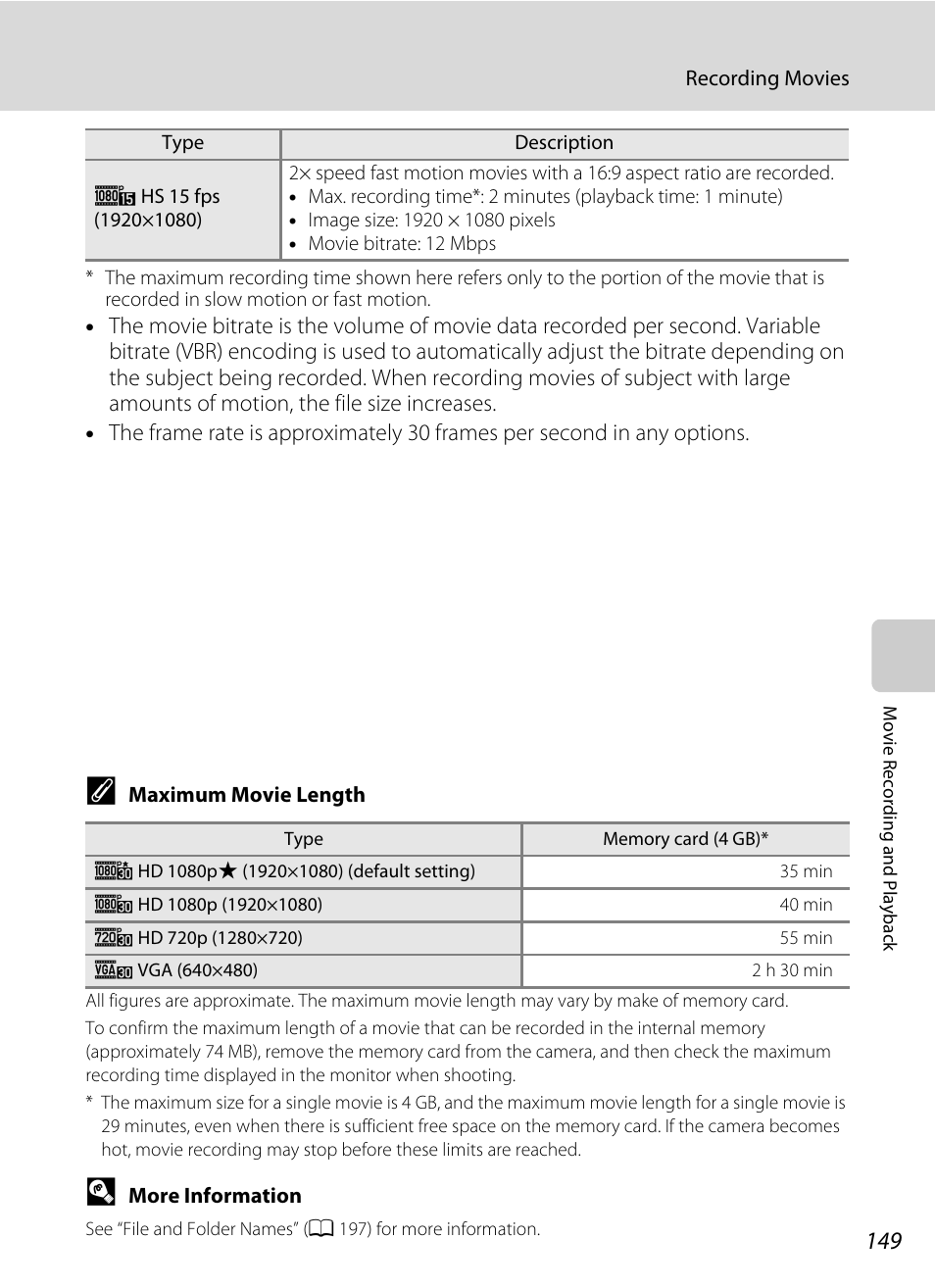 Recording, A 149) | Nikon S9050 User Manual | Page 161 / 232