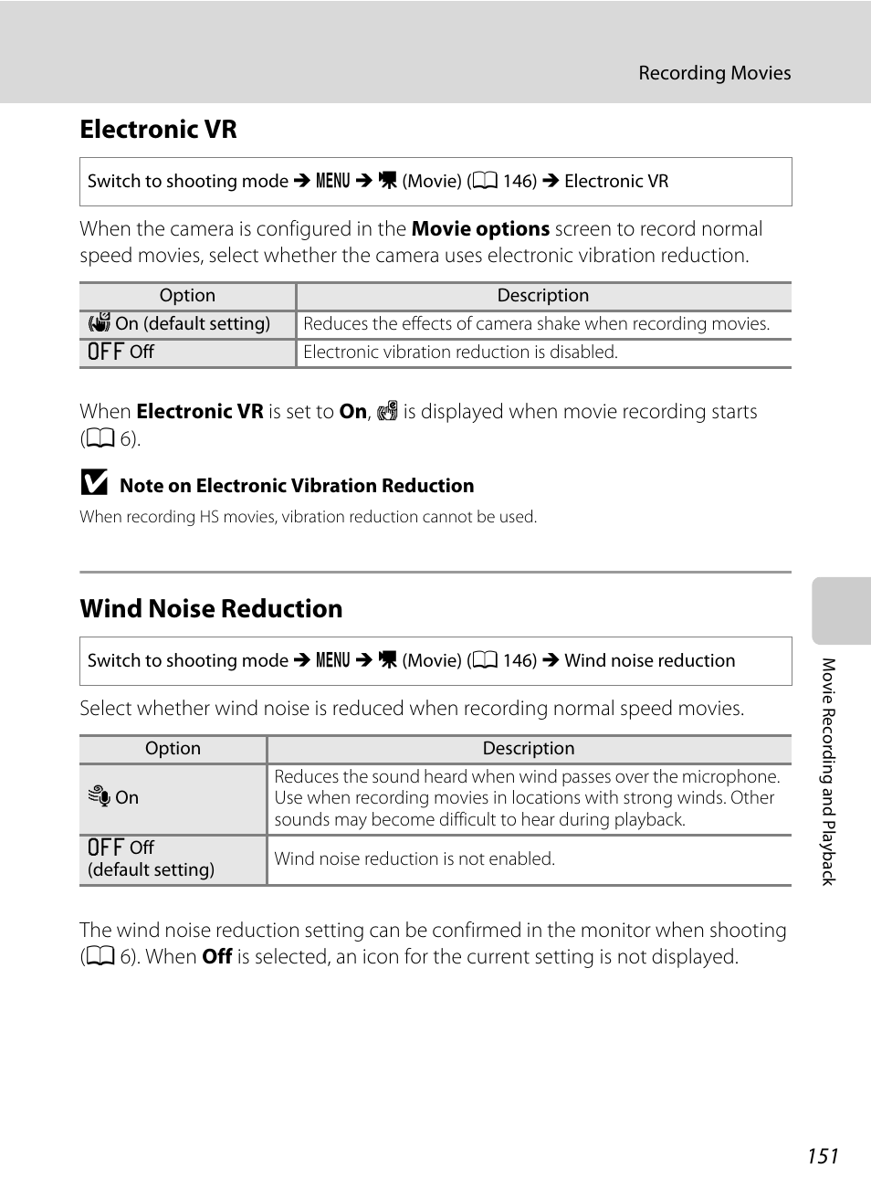 Electronic vr, Wind noise reduction, Electronic vr wind noise reduction | A 151 | Nikon S9050 User Manual | Page 163 / 232