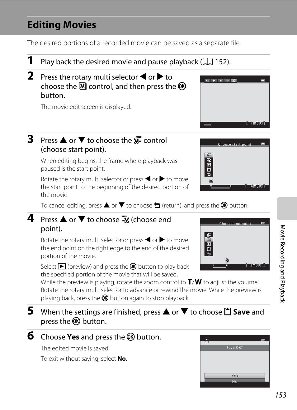 Editing movies, A 153) | Nikon S9050 User Manual | Page 165 / 232