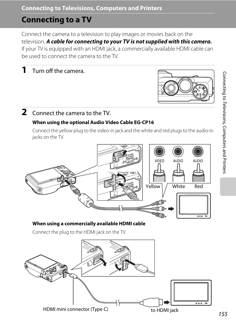 Connecting to televisions, computers and printers, Connecting to a tv | Nikon S9050 User Manual | Page 167 / 232