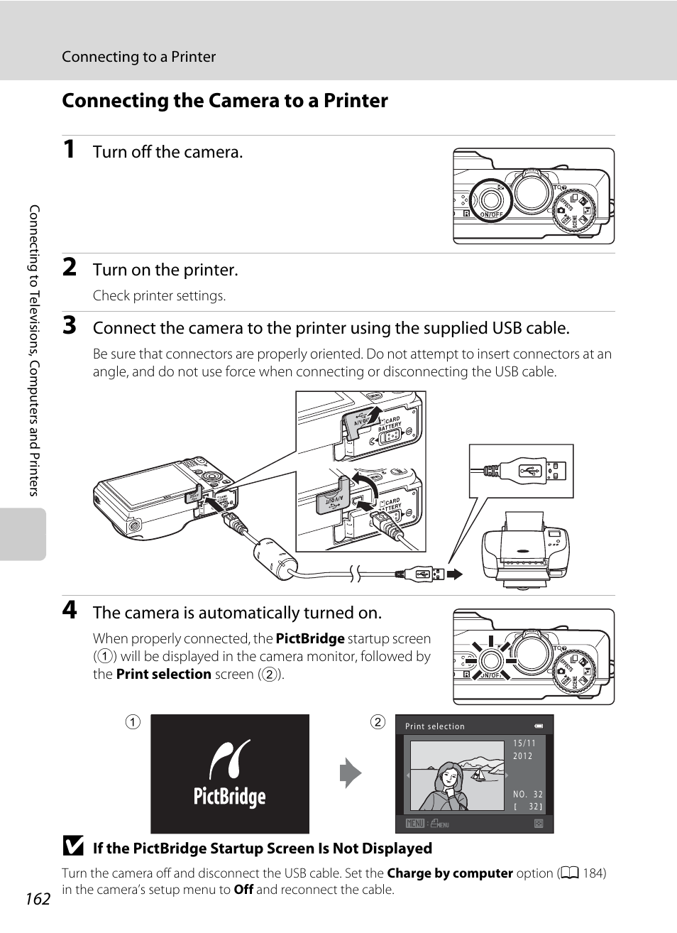 Connecting the camera to a printer, A 162) | Nikon S9050 User Manual | Page 174 / 232