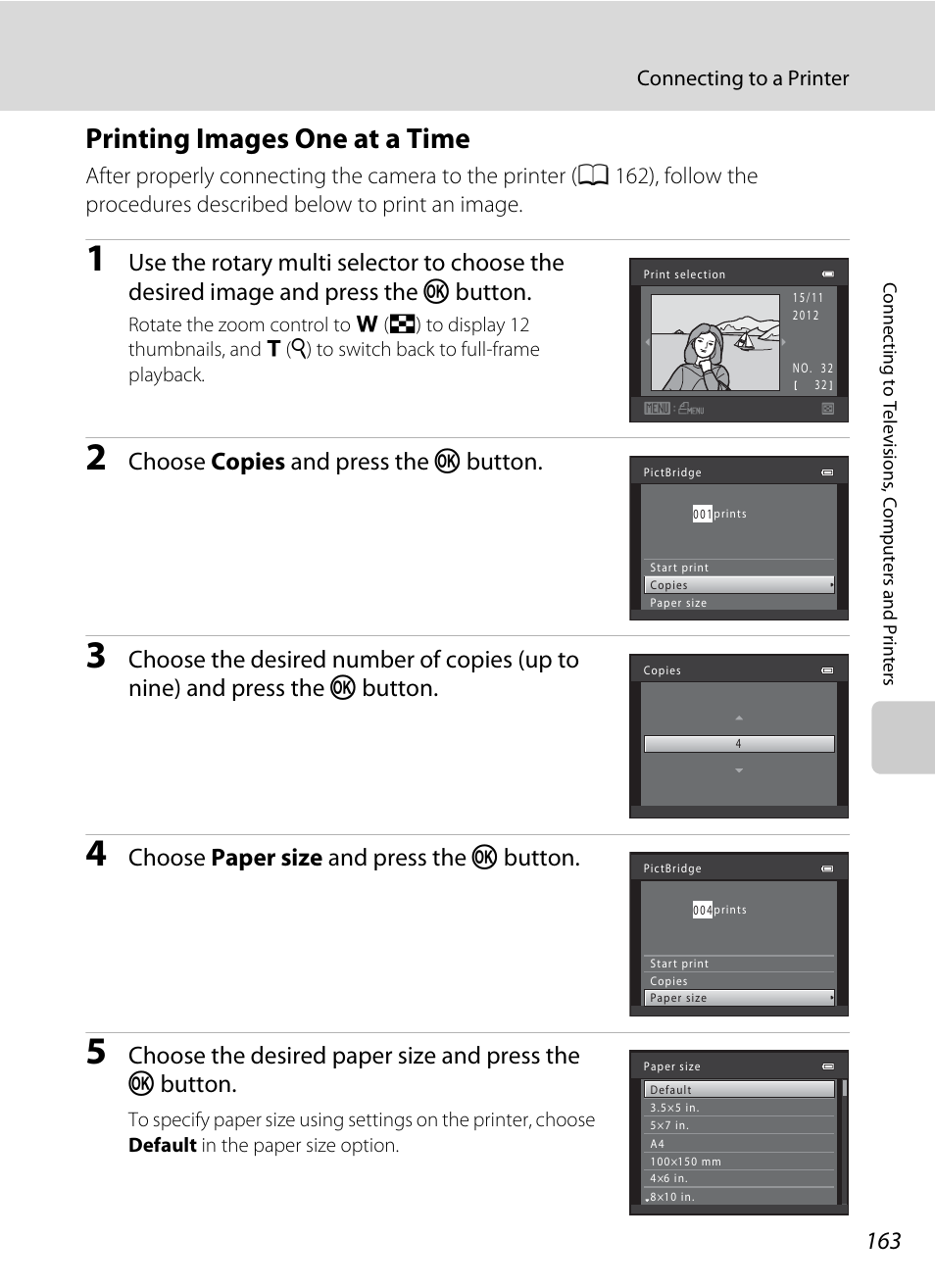 Printing images one at a time, A 163), Choose copies and press the k button | Choose paper size and press the k button | Nikon S9050 User Manual | Page 175 / 232