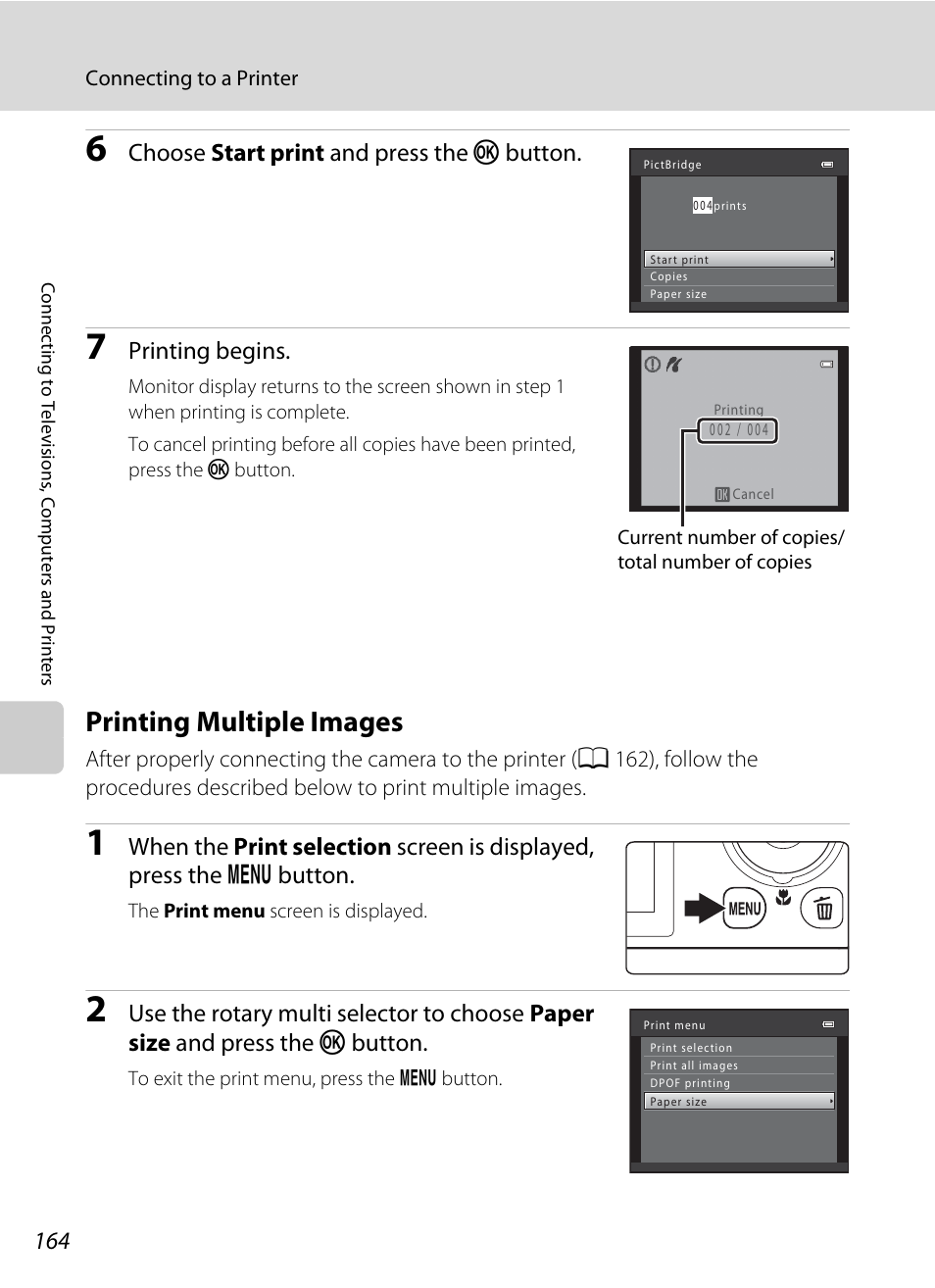 Printing multiple images, A 164), Choose start print and press the k button | Printing begins | Nikon S9050 User Manual | Page 176 / 232