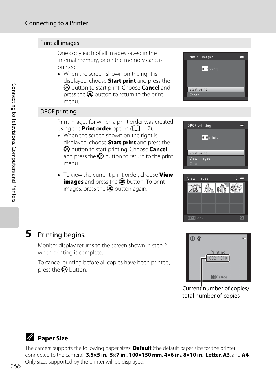 A 166), Printing begins | Nikon S9050 User Manual | Page 178 / 232