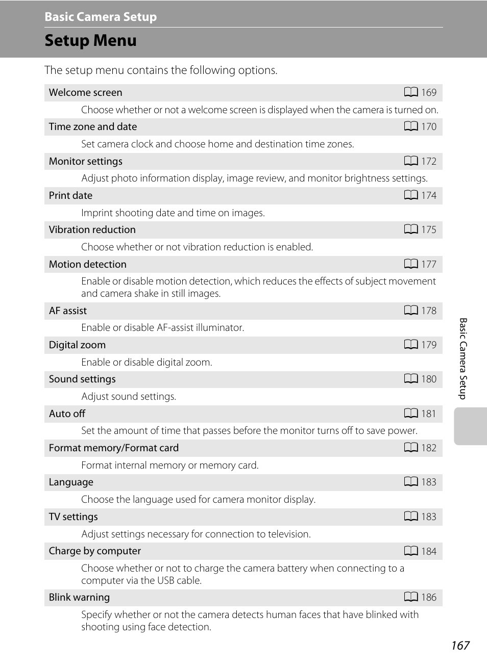 Basic camera setup, Setup menu, Nu (a 167) | A 167), Setup menu (a 167) when using a, A 167 | Nikon S9050 User Manual | Page 179 / 232
