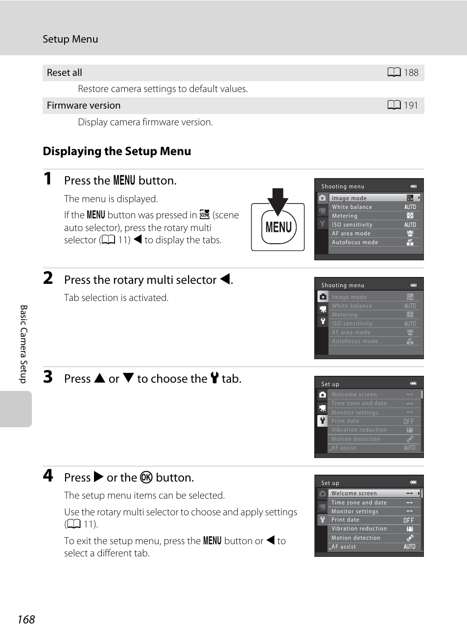 Displaying the setup menu, Press the d button, Press the rotary multi selector j | Press h or i to choose the z tab, Press k or the k button | Nikon S9050 User Manual | Page 180 / 232