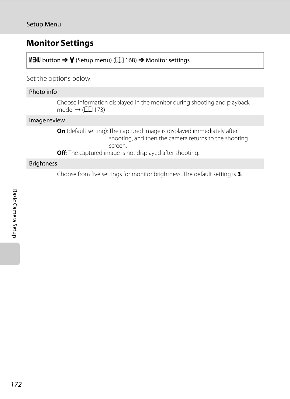 Monitor settings, Off after a few seconds, A 172) | A 172 | Nikon S9050 User Manual | Page 184 / 232