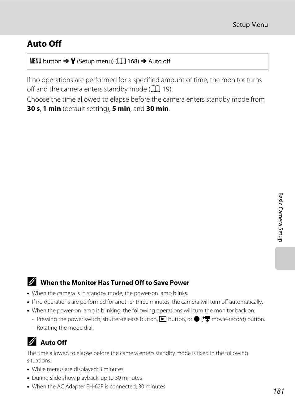 Auto off, A 181) in the, A 181) | A 181 | Nikon S9050 User Manual | Page 193 / 232