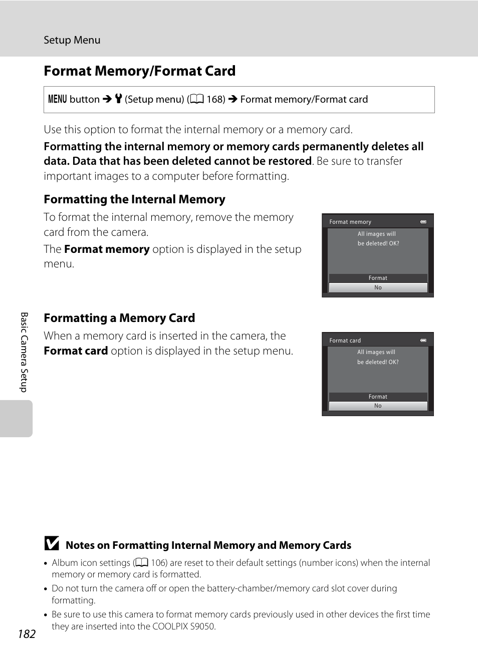 Format memory/format card, A 182), A 182 | Nikon S9050 User Manual | Page 194 / 232