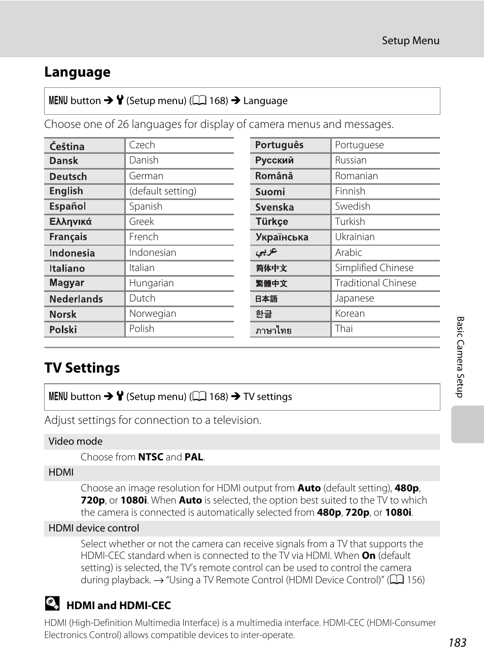 Language, Tv settings, Language tv settings | A 183 | Nikon S9050 User Manual | Page 195 / 232