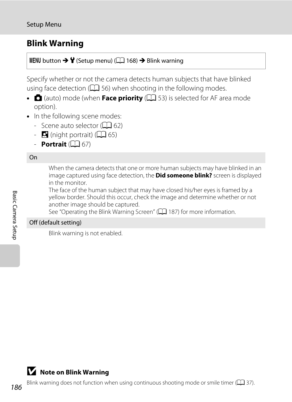 Blink warning, A 186), A 186 | Nikon S9050 User Manual | Page 198 / 232