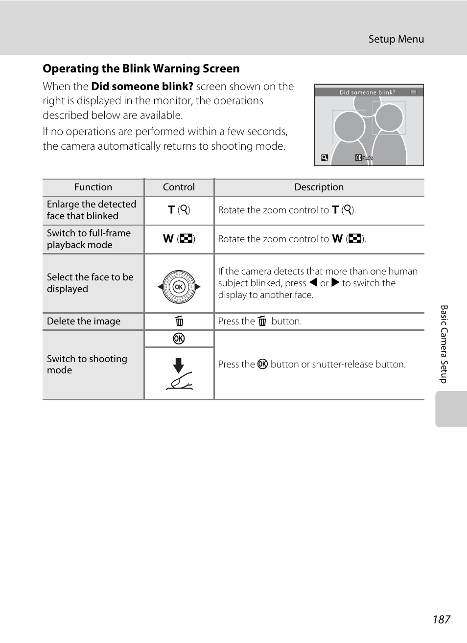 Operating the blink warning screen, A 187) for | Nikon S9050 User Manual | Page 199 / 232