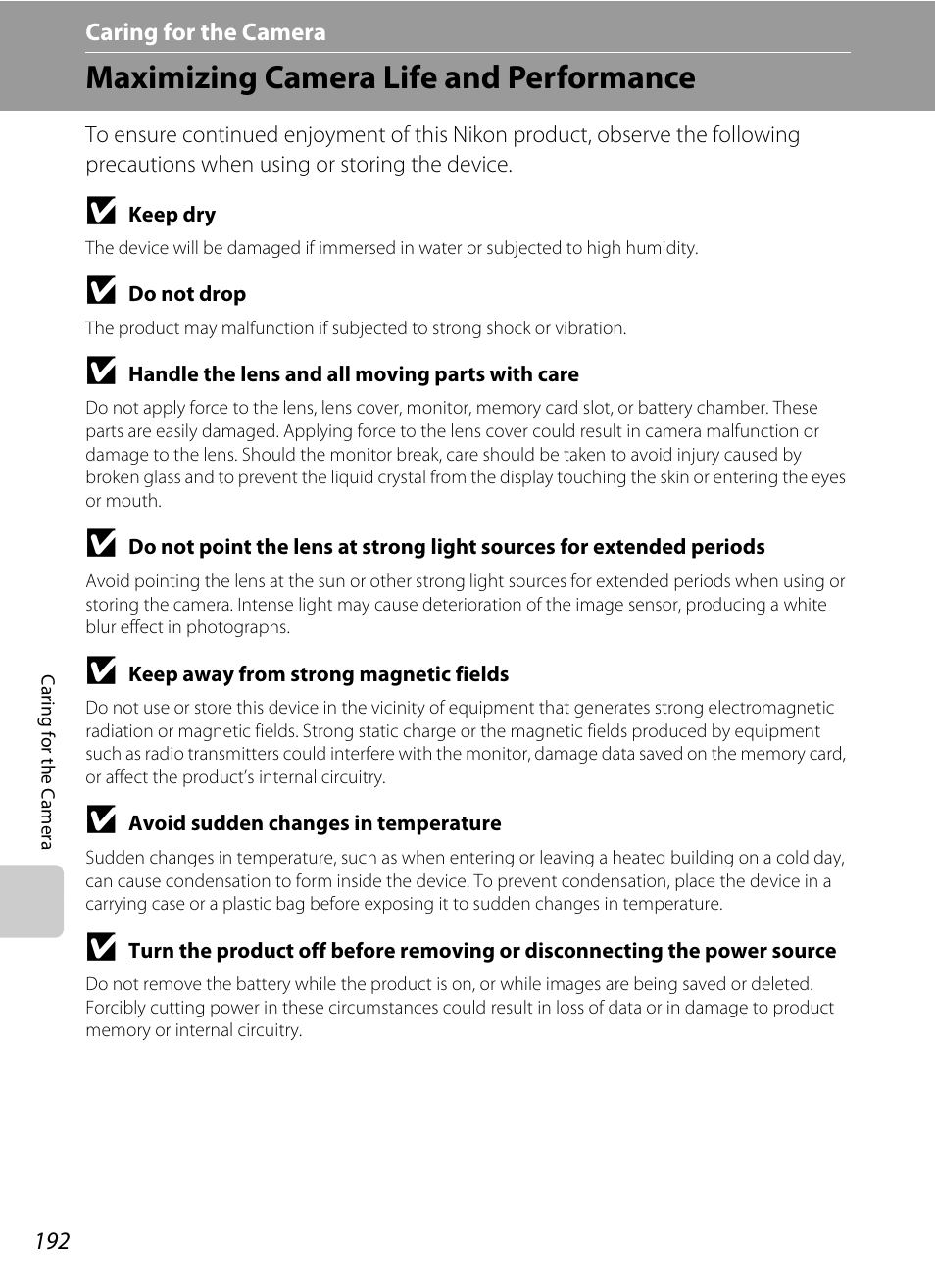 Caring for the camera, Maximizing camera life and performance | Nikon S9050 User Manual | Page 204 / 232