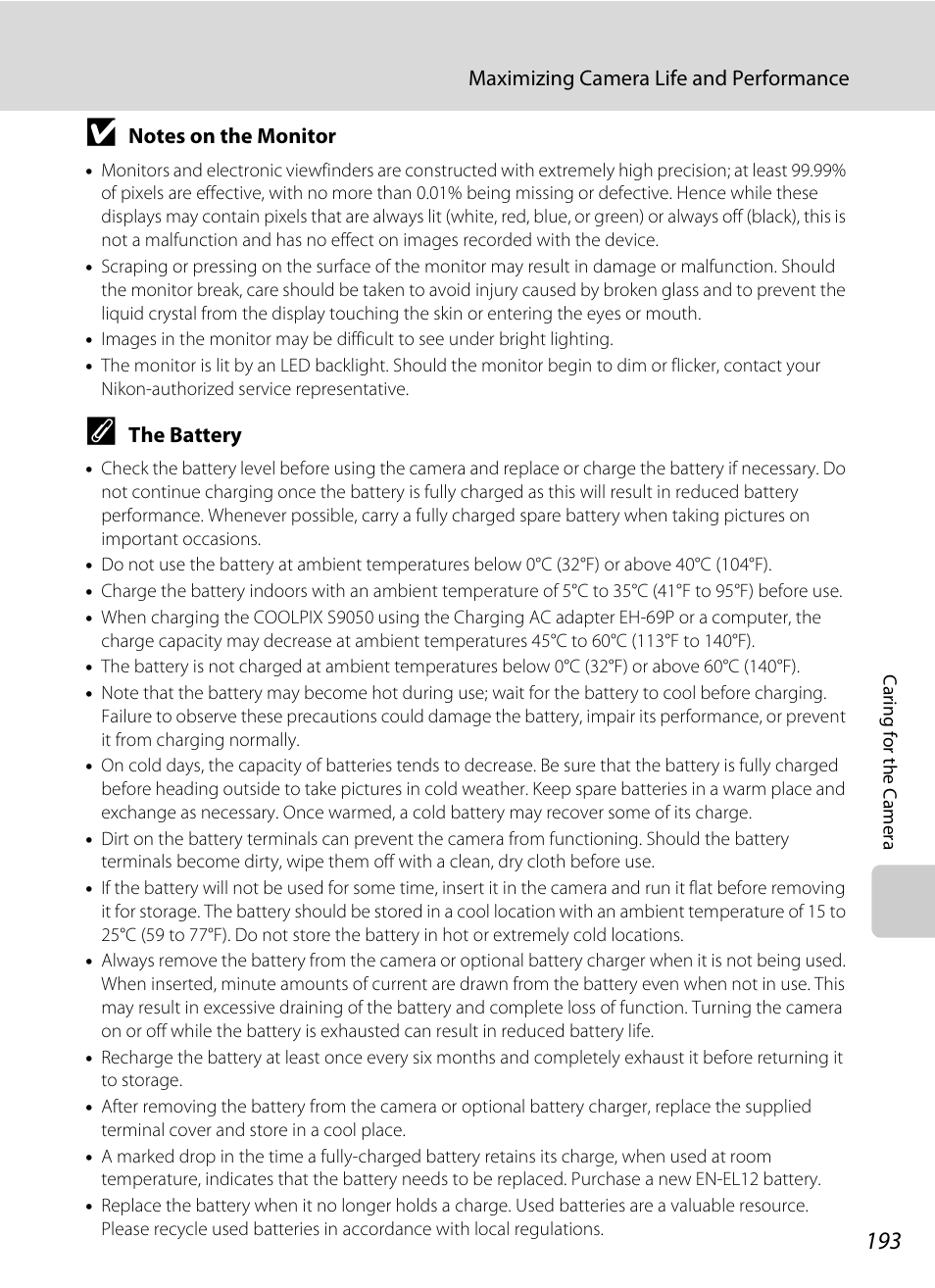 The battery, A 193), be, A 193) | Nikon S9050 User Manual | Page 205 / 232