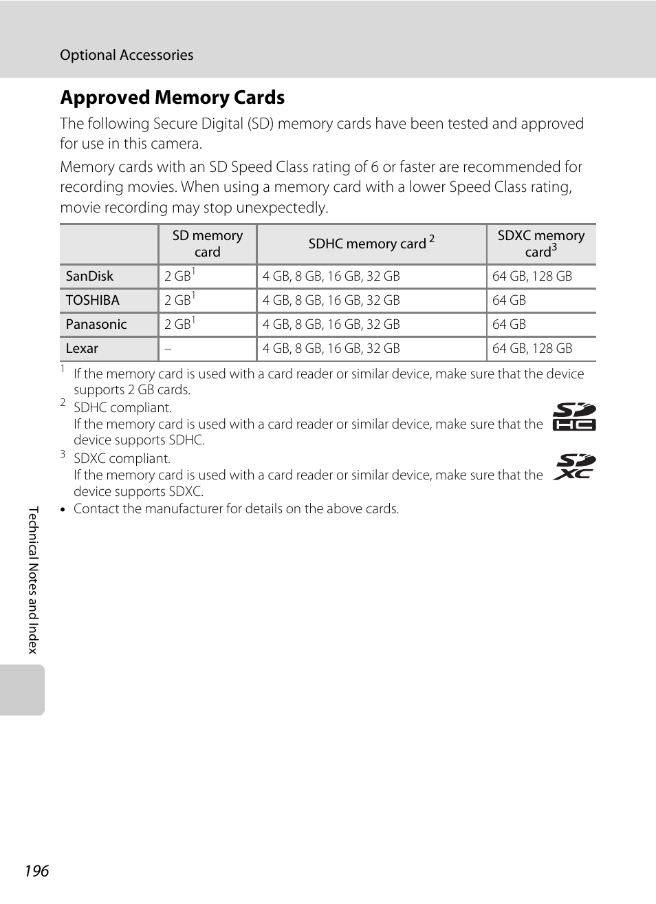 Approved memory cards, A 196) | Nikon S9050 User Manual | Page 208 / 232