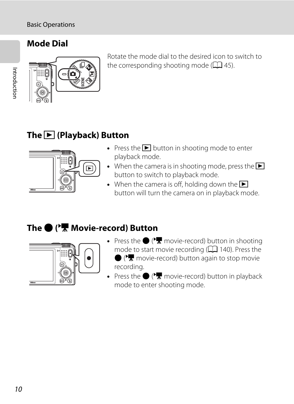 Mode dial, The playback button, The movie-record button | Mode dial the, C (playback) button, B (e movie-record) button | Nikon S9050 User Manual | Page 22 / 232