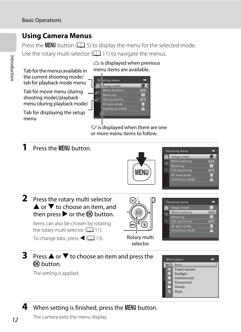 Using camera menus, Press the d button, When setting is finished, press the d button | Basic operations, The setting is applied, The camera exits the menu display, Rotary multi selector | Nikon S9050 User Manual | Page 24 / 232