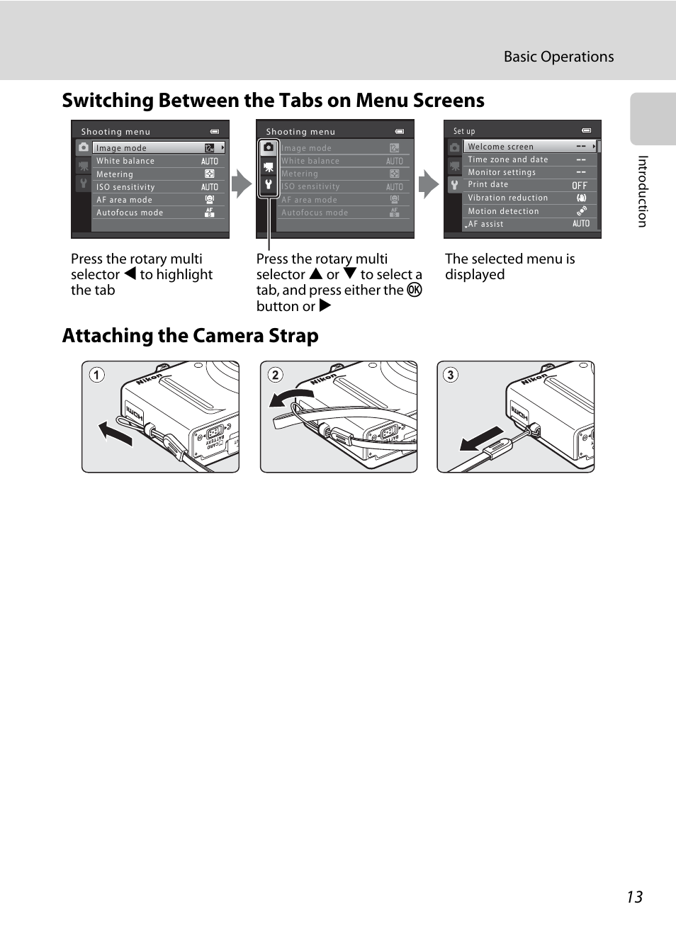 Switching between the tabs on menu screens, Attaching the camera strap, A 13) | Basic operations | Nikon S9050 User Manual | Page 25 / 232