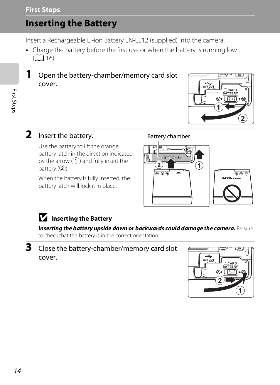 First steps, Inserting the battery | Nikon S9050 User Manual | Page 26 / 232