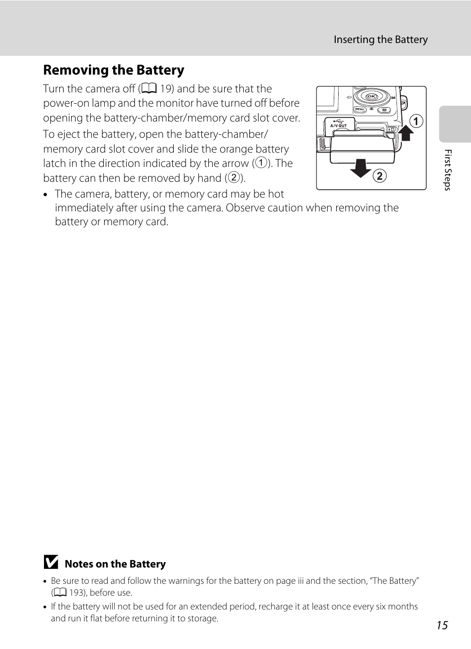 Removing the battery | Nikon S9050 User Manual | Page 27 / 232