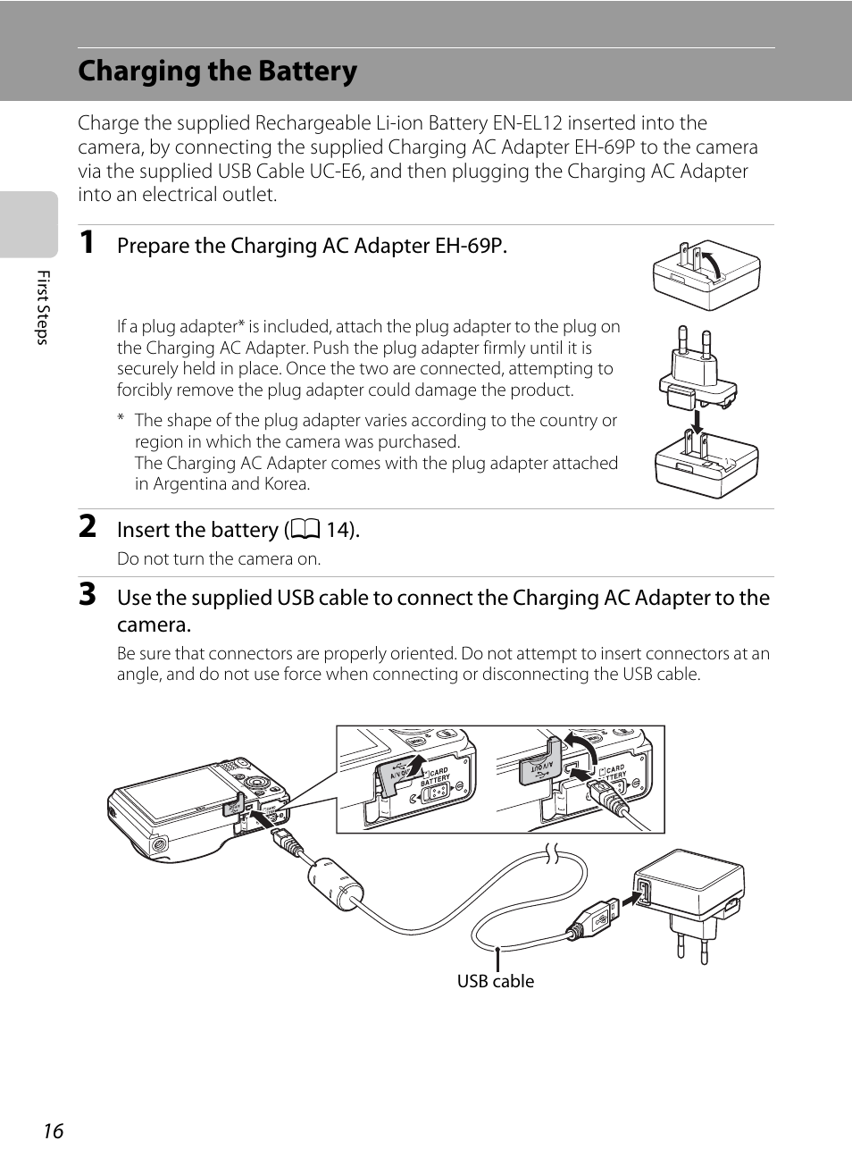 Charging the battery | Nikon S9050 User Manual | Page 28 / 232