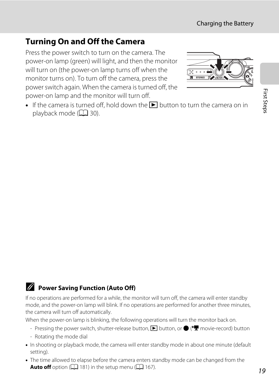 Turning on and off the camera, A 19) and be sure | Nikon S9050 User Manual | Page 31 / 232