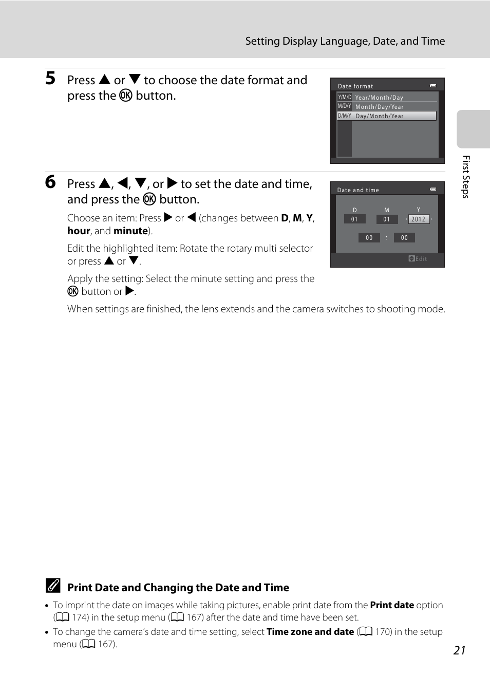 Setting display language, date, and time, Print date and changing the date and time | Nikon S9050 User Manual | Page 33 / 232