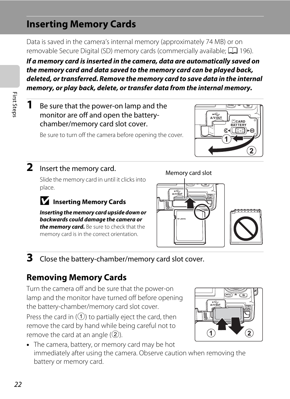 Inserting memory cards, Removing memory cards | Nikon S9050 User Manual | Page 34 / 232