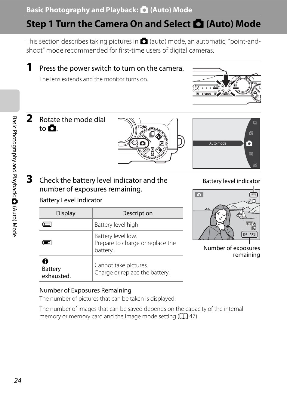 Basic photography and playback: auto mode, Step 1 turn the camera on and select auto mode, Basic photography and playback: a (auto) mode | Step 1 turn the camera on and select a (auto) mode | Nikon S9050 User Manual | Page 36 / 232