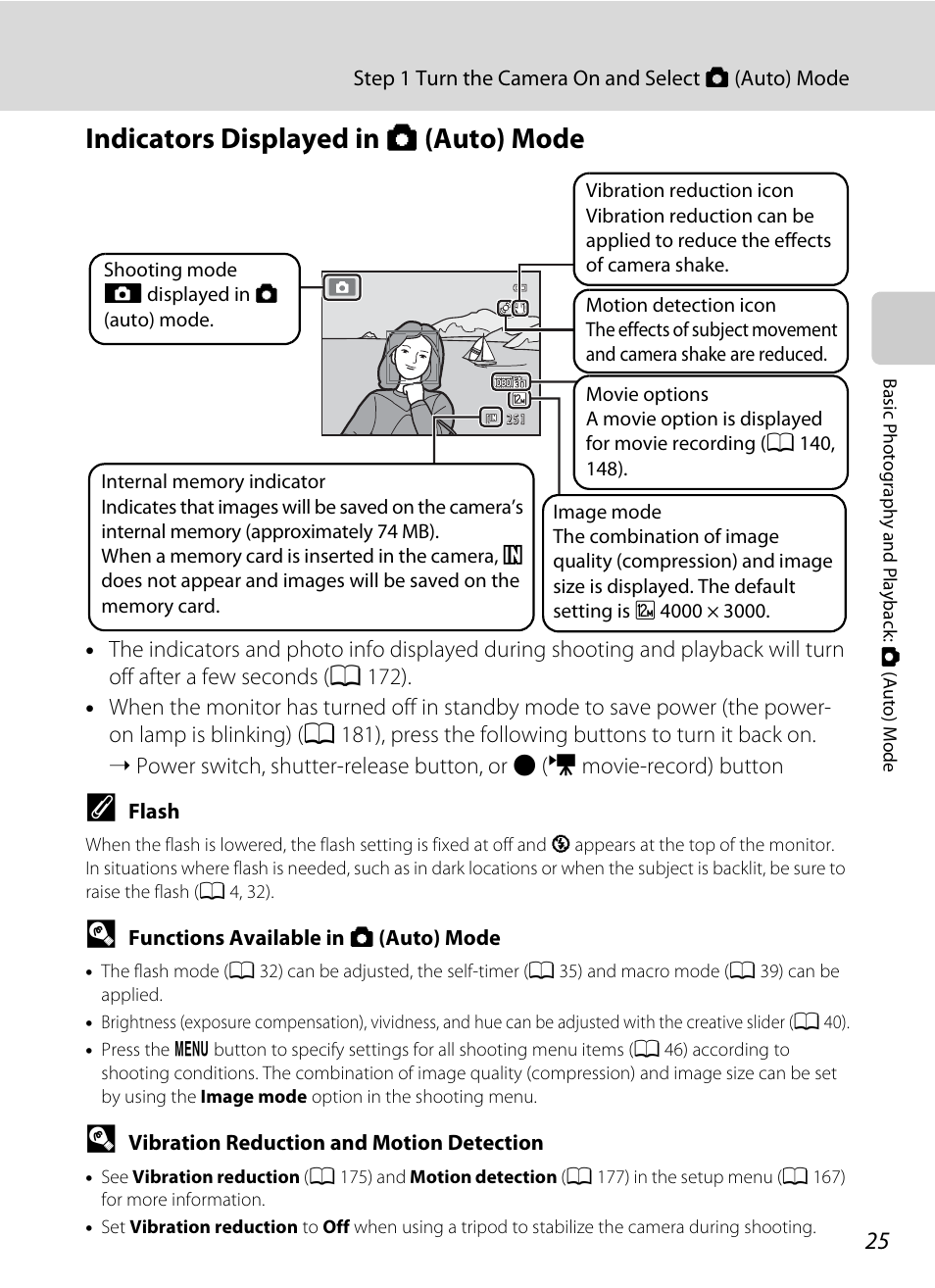 Indicators displayed in auto mode, Indicators displayed in a (auto) mode | Nikon S9050 User Manual | Page 37 / 232