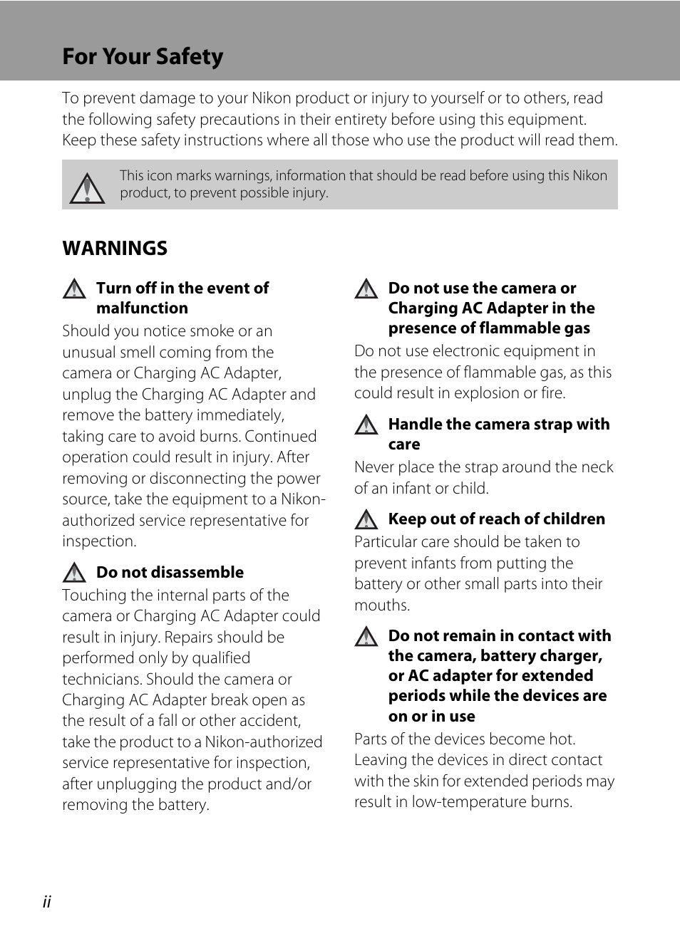For your safety, Warnings | Nikon S9050 User Manual | Page 4 / 232